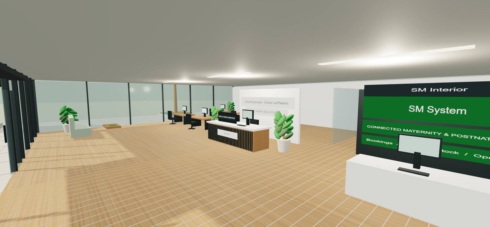 An architectural view of the SM Aura reception, with oak furniture, glass walls, and a product showroom.
